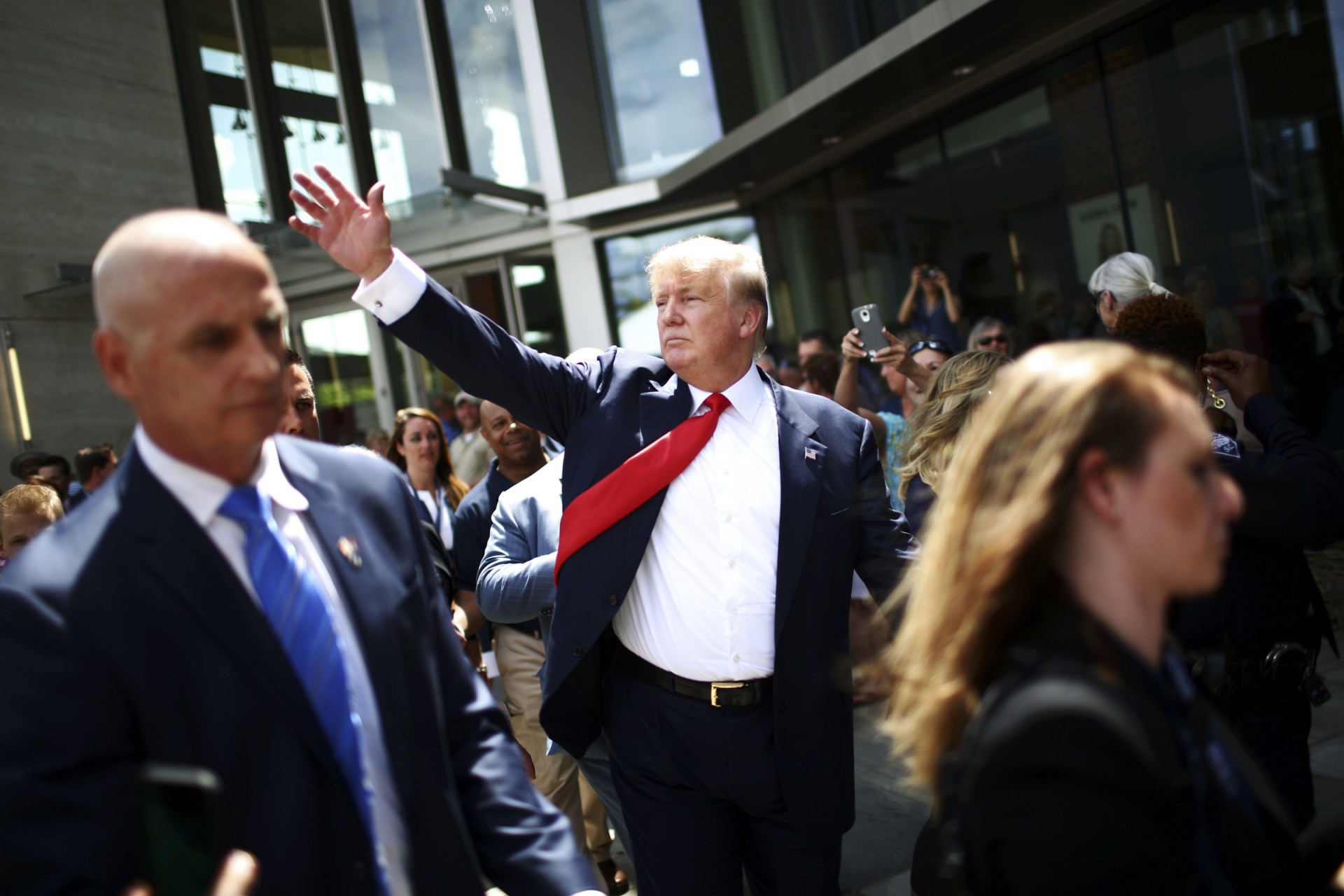 Donald Trump waves to the crowd at the Freedom Summit in Greenville, S.C., May 9, 2015. A number of Republican presidential hopefuls attended the event hosted by the conservative group Citizens United. (Travis Dove/The New York Times)